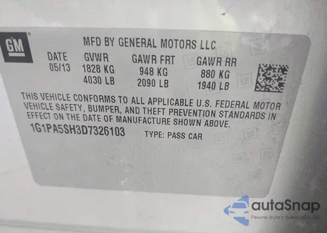 2013 Chevrolet Cruze Ls Auto из США, поврежденный, VIN 1G1PA5SH3D7326103